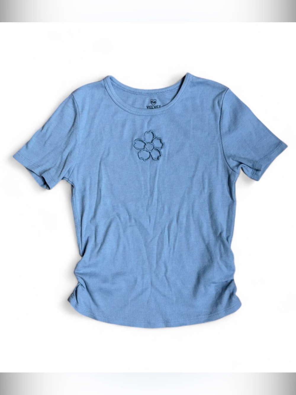 Pink Velvet Girls Blue Ribbed Short Sleeve T-Shirt Flower Cutout Size S 7/8